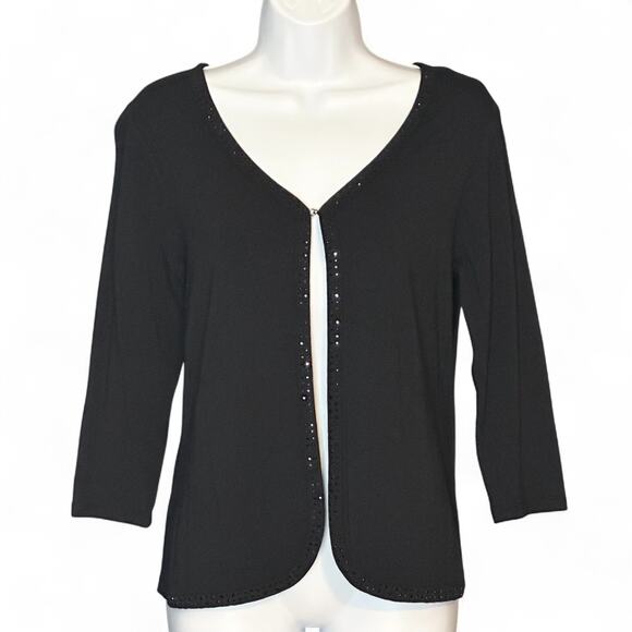Vintage 80s Talbots Black Cardigan Size PP Embellished Trim V Neck 3/4 Sleeve - Picture 2 of 10
